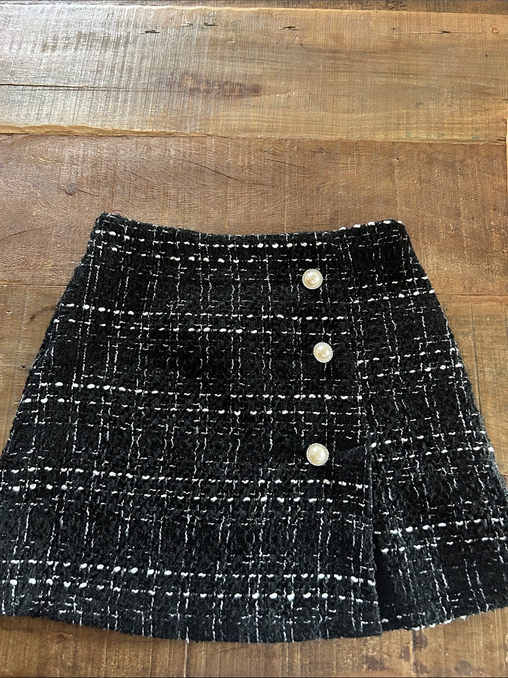Zara Black Tweed Mini Skirt with Pearl Accents
